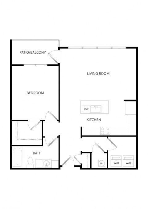 Floor plan for 1 bed, 1 bath, 896 sqft